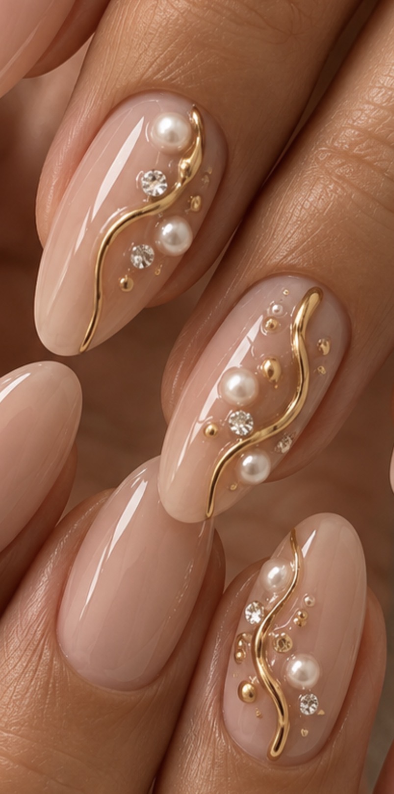 Gros plan sur des ongles amande nude ornés de fils dorés et de perles nacrées