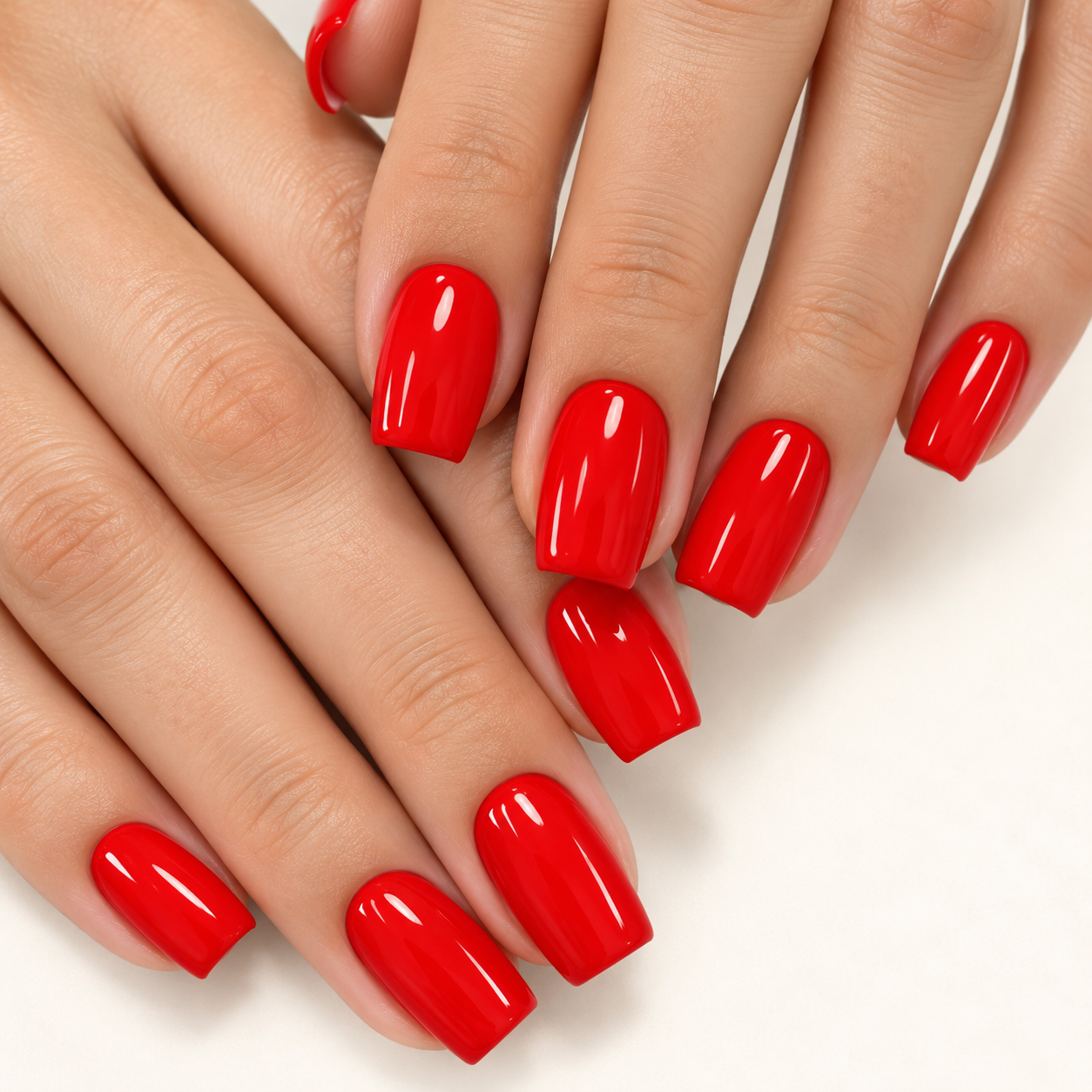 Deux mains aux ongles carrés rouge vif brillants