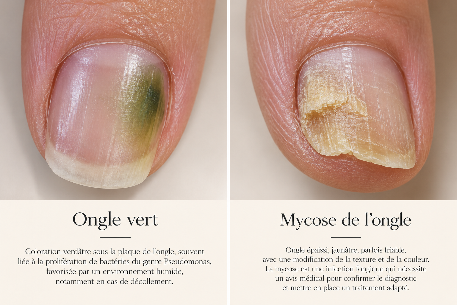 Comparaison entre un ongle vert associé à Pseudomonas et une mycose de l’ongle